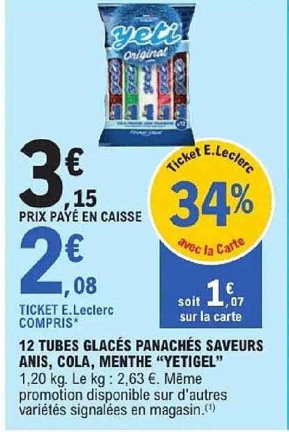 12 TUBES GLACÉS PANACHÉS SAVEURS ANIS, COLA, MENTHE “YETIGEL”