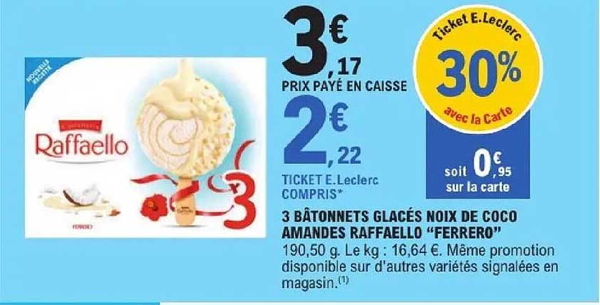 3 BÂTONNETS GLACÉS NOIX DE COCO AMANDES RAFFAELLO “FERRERO”