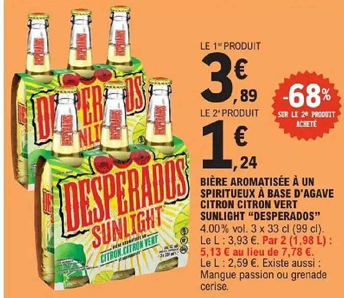 BIERE AROMATISÉE À UN SPIRITUEUX À BASE D’AGAVE CITRON CITRON VERT SUNLIGHT “DESPERADOS”