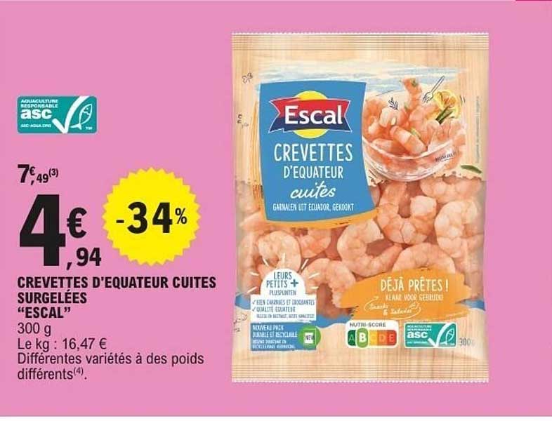 CREVETTES D'EQUATEUR CUITES SURGELEES “ESCAL”