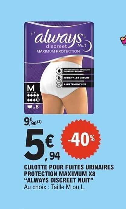 CULOTTE POUR FUITES URINAIRES PROTECTION MAXIMUM X8 “ALWAYS DISCREET NUIT”