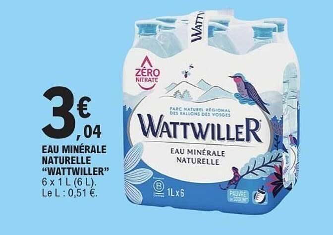 EAU MINÉRALE NATURELLE “WATTWILLER” 6 x 1 L (6 L). Le L : 0,51 €.