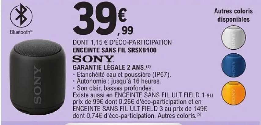 ENCEINTE SANS FIL SRSXB100 SONY