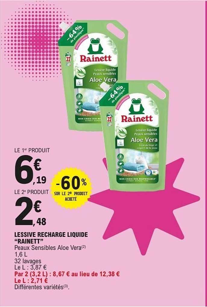 LESSIVE RECHARGE LIQUIDE “RAINETT” Peaux Sensibles Aloe Vera 1,6 L 32 lavages