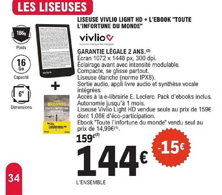 LISEUSE VIVLIO LIGHT HD + L'EBOOK "TOUTE L'INFORTUNE DU MONDE"