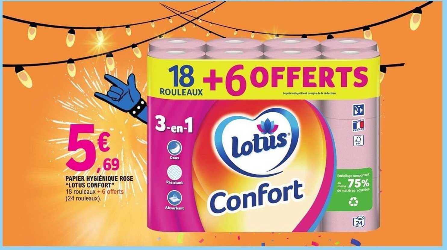 PAPIER HYGIÉNIQUE ROSE "LOTUS CONFORT" 18 rouleaux + 6 offerts (24 rouleaux).