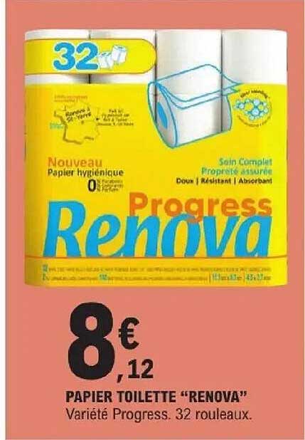 PAPIER TOILETTE “RENOVA” Variété Progress. 32 rouleaux.