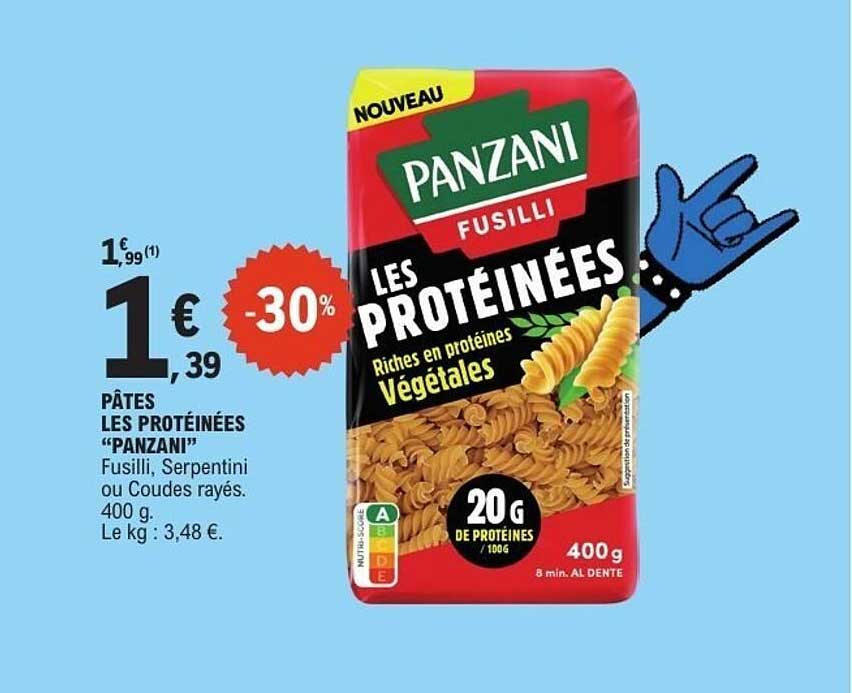 PÂTES LES PROTÉINÉES “PANZANI” Fusilli, Serpintini ou Coudes rayés. 400 g.