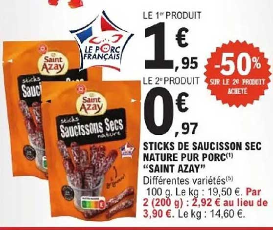 STICKS DE SAUCISSON SEC NATURE PUR PORC «SAINT AZAY»