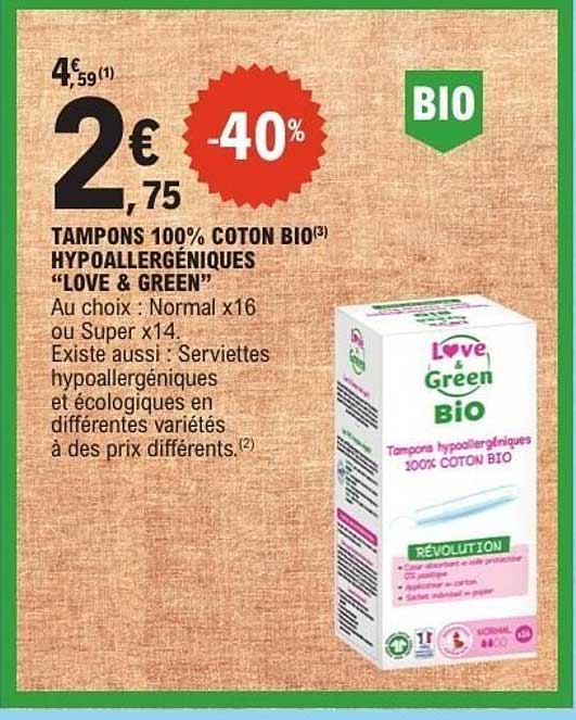 TAMPONS 100% COTON BIO HYPOALLERGÉNIQUES “LOVE & GREEN”