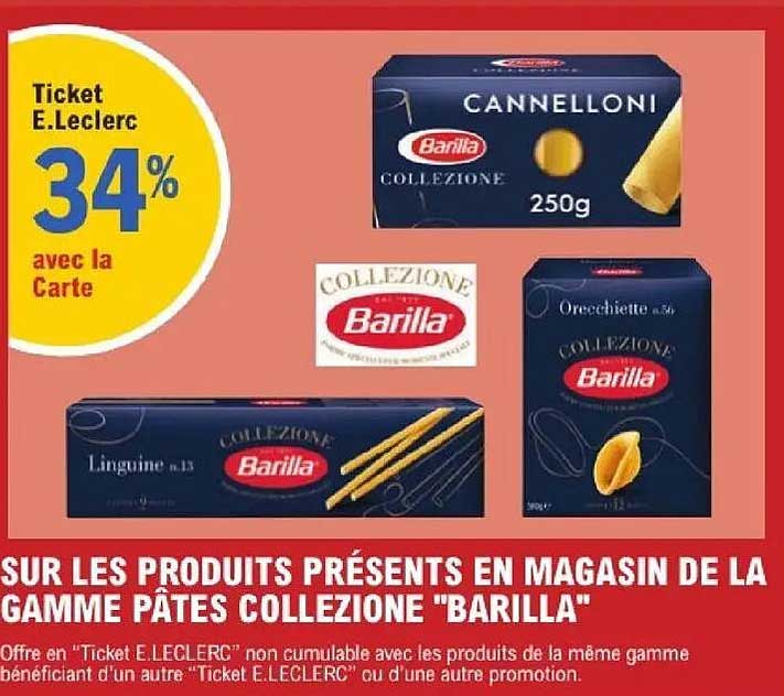 Ticket E.Leclerc 34% avec la Carte sur les produits présents en magasin de la gamme pâtes Collezione "Barilla"
