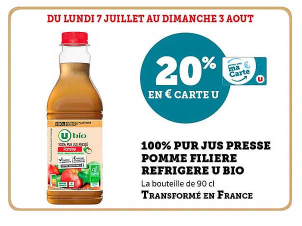 100% PUR JUS PRESSE POMME FILIERE REFRIGERE U BIO