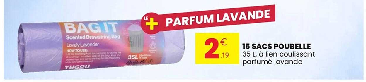 15 SACS POUBELLE 35 L, à lien coulissant parfumé lavande