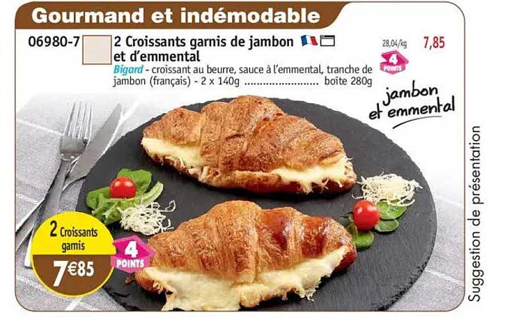 2 Croissants garnis de jambon et d’emmental