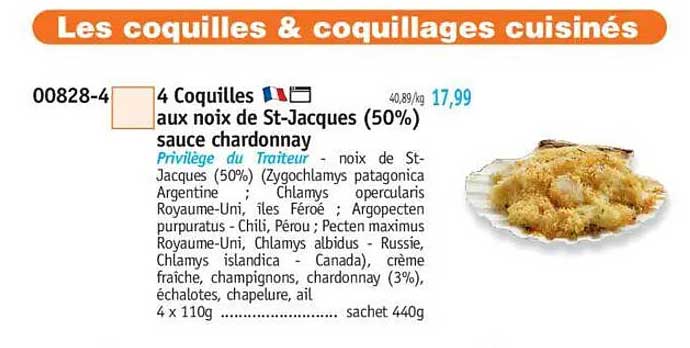 4 Coquilles aux noix de St-Jacques (50%) sauce chardonnay