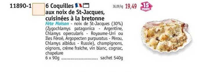 6 Coquilles aux noix de St-Jacques, cuisinées à la bretonne