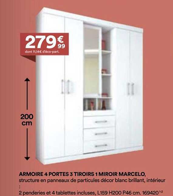 ARMOIRE 4 PORTES 3 TIROIRS 1 MIROIR MARCELO
