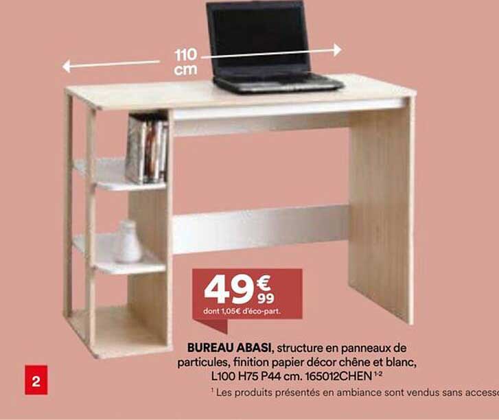 BUREAU ABASI, structure en panneaux de particules, finition papier décor chêne et blanc, L100 H75 P44 cm.