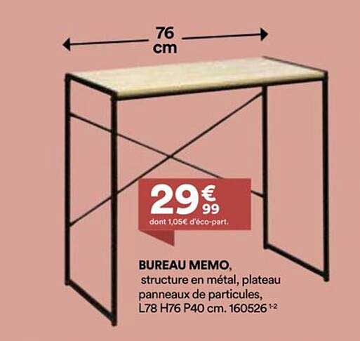 BUREAU MEMO, structure en métal, plateau panneaux de particules, L78 H76 P40 cm.