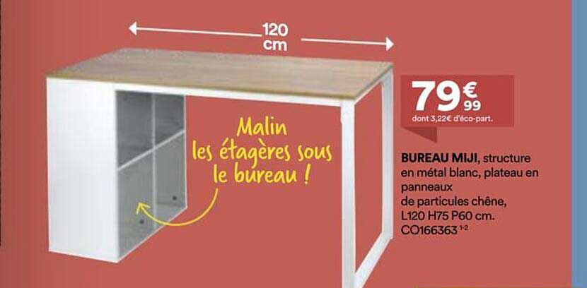 BUREAU MIJI, structure en métal blanc, plateau en panneaux de particules chêne, L120 H75 P60 cm.