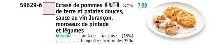 Écrasé de pommes de terre et patates douces, sauce au vin Jurançon, morceaux de pintade et légumes