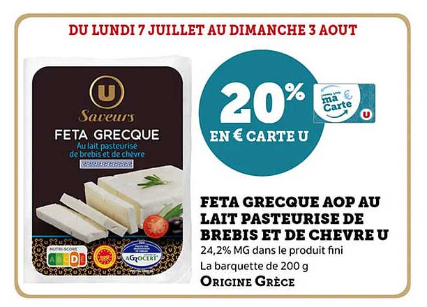 FETA GRECQUE AOP AU LAIT PASTEURISÉ DEBREBIS ET DE CHÈVRE U