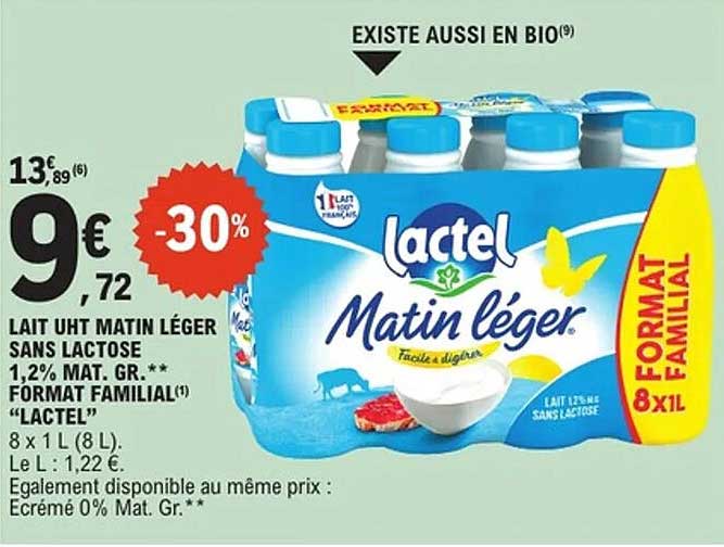 LAIT UHT MATIN LÉGER SANS LACTOSE 1,2% MAT. GR. - FORMAT FAMILIAL