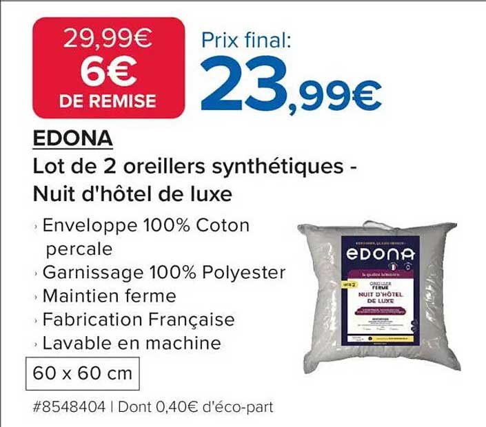 Lot de 2 oreillers synthétiques - Nuit d'hôtel de luxe