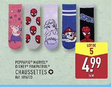 LOT DE 5 CHAUSSETTES PEPPAPIG® MARVEL® DISNEY® PAWPATROL®