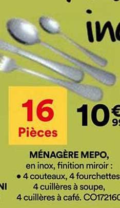 MÉNAGÈRE MEPO, en inox, finition miroir : 4 couteaux, 4 fourchettes, 4 cuillères à soupe, 4 cuillères à café.