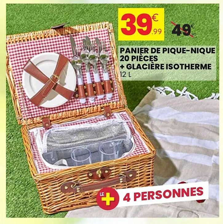 PANIER DE PIQUE-NIQUE 20 PIÈCES + GLACIÈRE ISOTHERME 12 L
