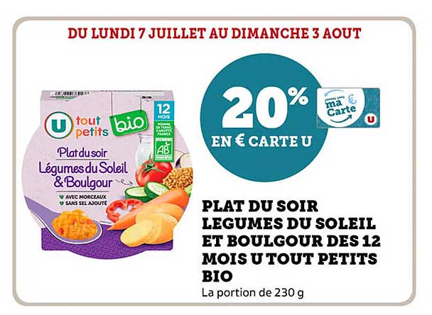 PLAT DU SOIR LEGUMES DU SOLEIL ET BOULGOUR DES 12 MOIS U TOUT PETITS BIO