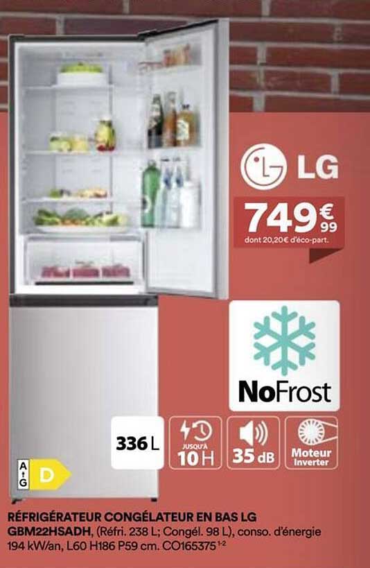 RÉFRIGÉRATEUR CONGÉLATEUR EN BAS LG GBM22HSADH
