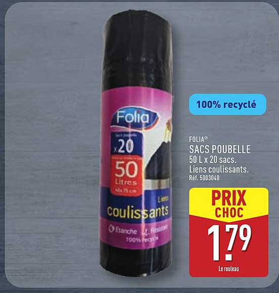 SACS POUBELLE 50 L x 20 sacs. Liens coulissants.