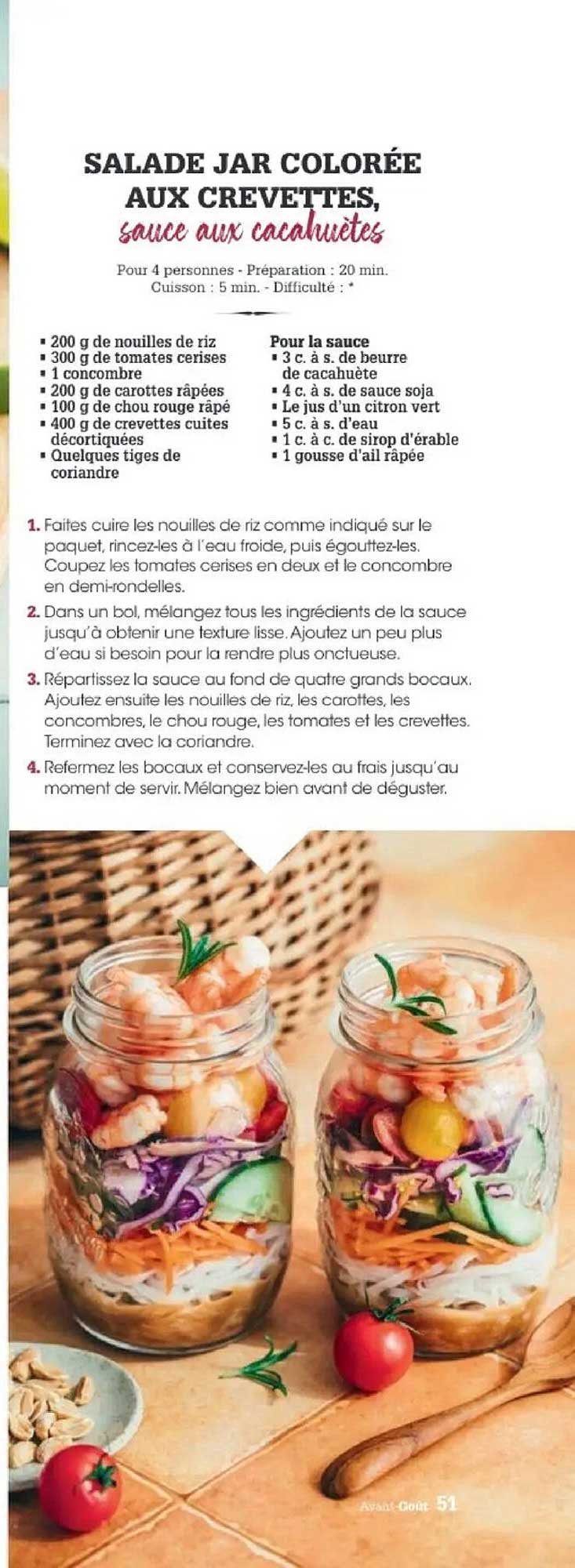 SALADE JAR COLORÉE AUX CREVETTES, SAUCE AUX CACAHUÈTES