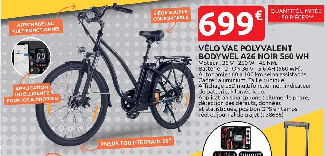 VÉLO VAE POLYVALENT BODYWEL A26 NOIR 560 WH