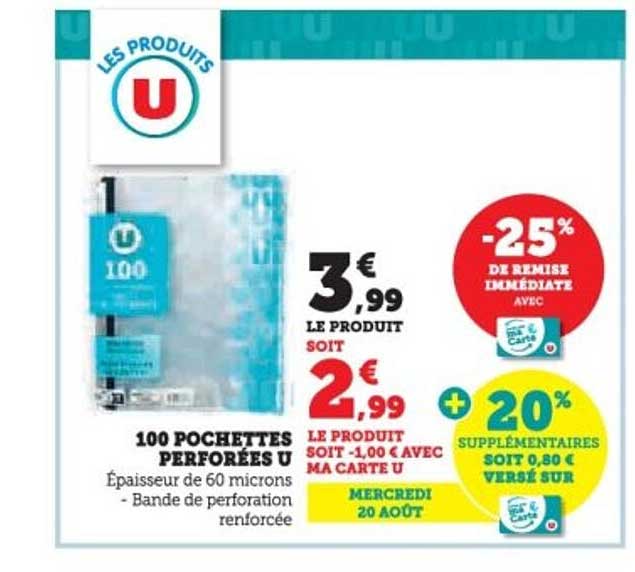 100 POCHETTES PERFORÉES U