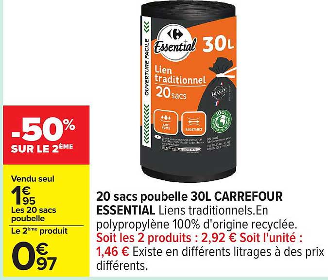20 sacs poubelle 30L CARREFOUR ESSENTIAL