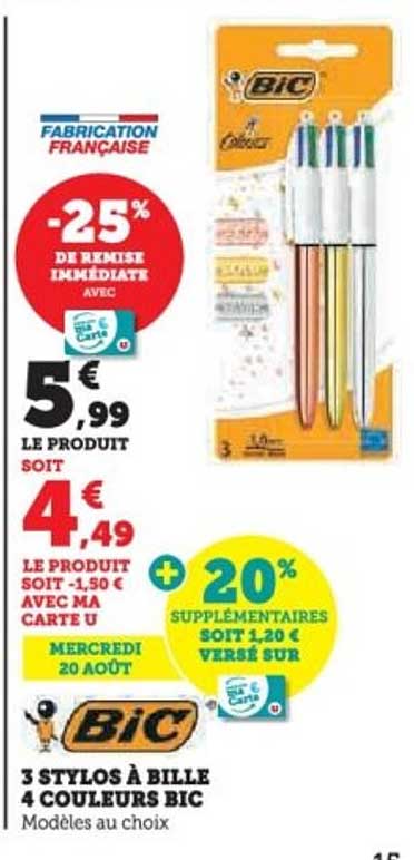 3 STYLOS À BILLE 4 COULEURS BIC