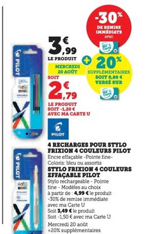 4 RECHARGES POUR STYLO FRIXION 4 COULEURS PILOT