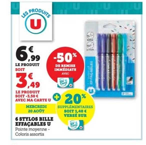 6 STYLOS BILLE EFFACABLES U