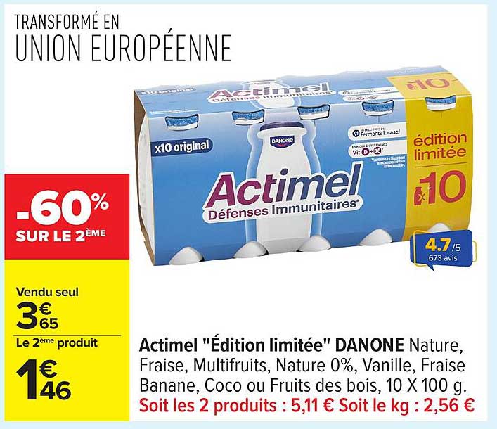 Actimel "Édition limitée" DANONE Nature, Fraise, Multifruits, Nature 0%, Vanille, Fraise Banane, Coco ou Fruits des bois, 10 x 100 g.
