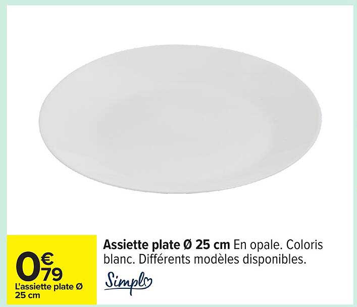 Assiette plate Ø 25 cm En opale. Coloris blanc. Différents modèles disponibles.