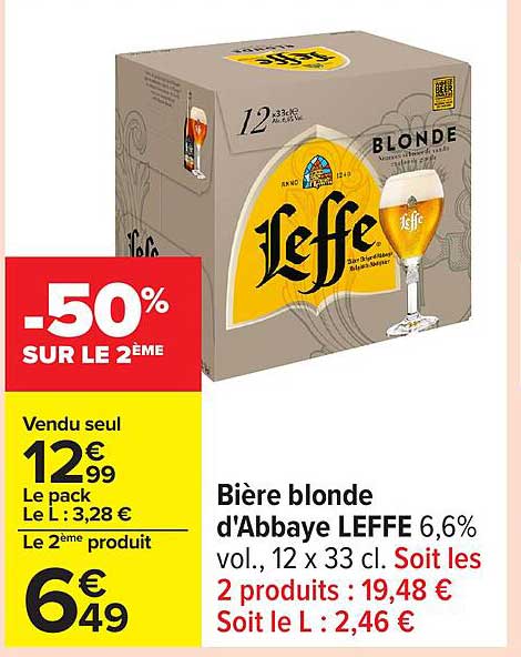 Bière blonde d'Abbaye LEFFE 6,6% vol., 12 x 33 cl