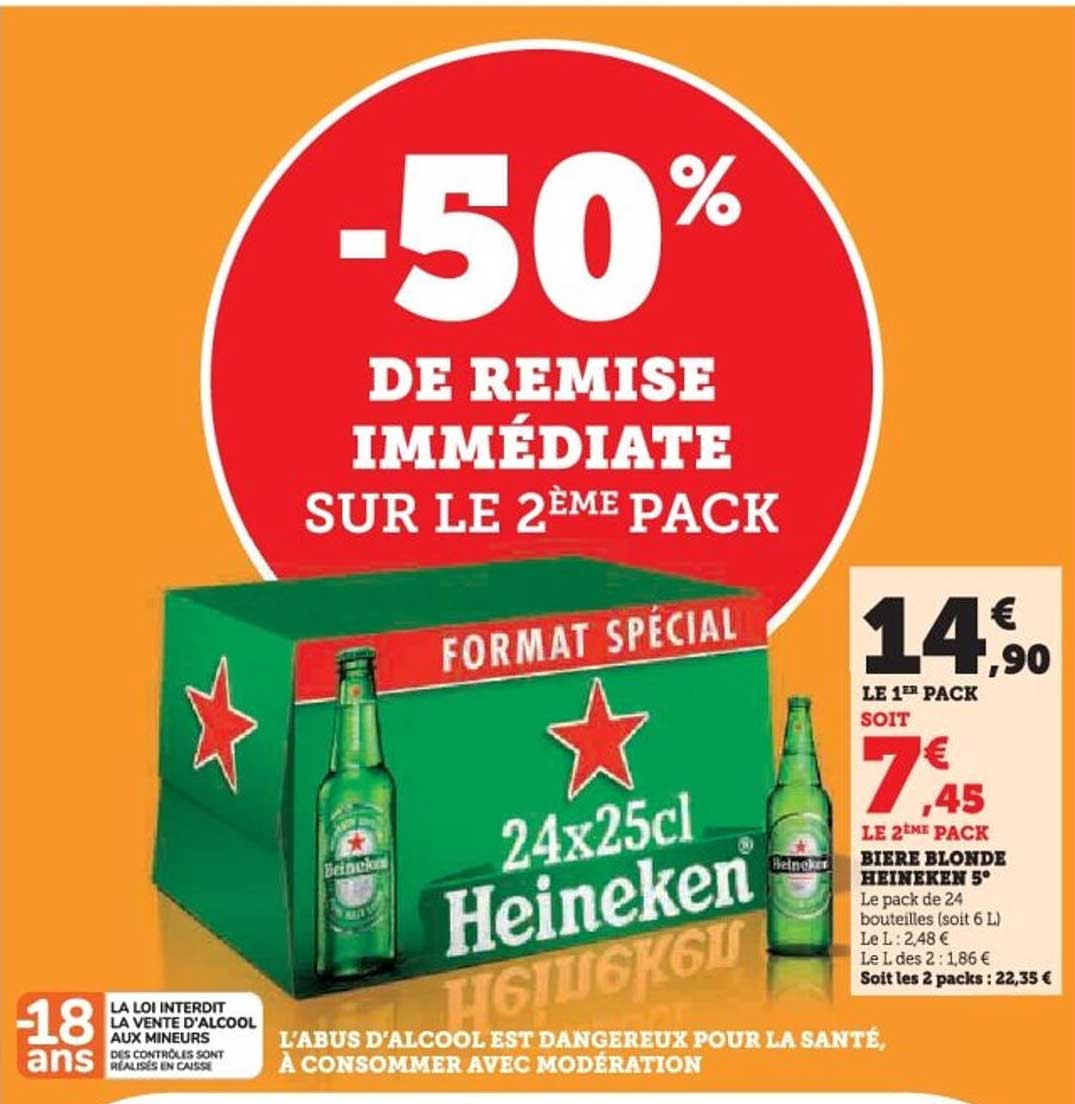 Bière Blonde Heineken 24x25cl -50% sur le 2ème pack