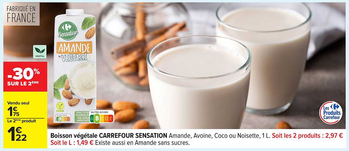 Boisson végétale CARREFOUR SENSATION Amande, Avoine, Coco ou Noisette, 1 L