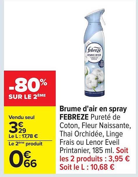Brume d'air en spray FEBREZE Pureté de Coton, Fleur Naissante, Thai Orchidée, Linge Frais ou Lenor Eveil Printanier, 185 ml.