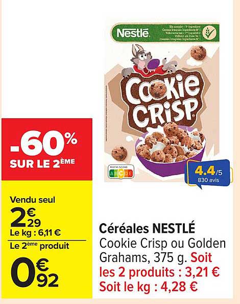 Céréales NESTLÉ Cookie Crisp ou Golden Grahams, 375 g
