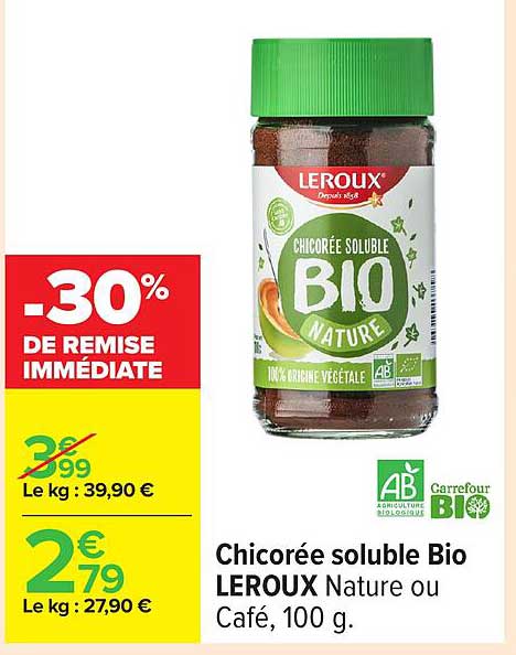 Chicorée soluble Bio LEROUX Nature ou Café, 100 g.