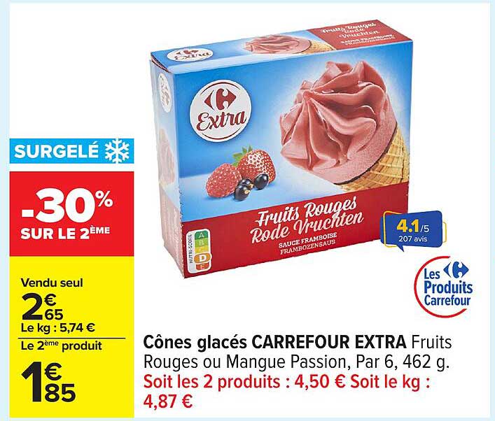 Cônes glacés CARREFOUR EXTRA Fruits Rouges ou Mangue Passion